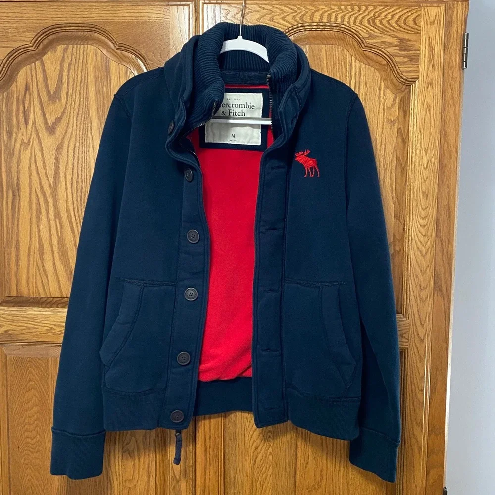 VTG Abercrombie & Fitch Jacket Mens M Navy Blue Red Fleece Lined Mock Neck Moose